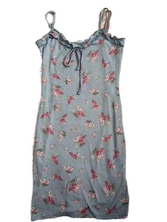 No Comment Dresses & Skirts - No Comment Women's Blue Ribbed Floral Print Mini Bodycon Dress with Ruffle Trim